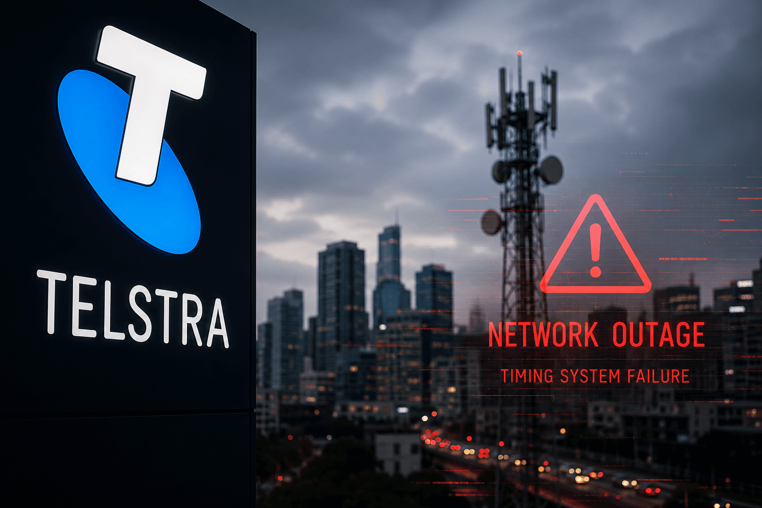Illustration of a telecom tower and urban communications network with a digital outage warning representing Telstra's nationwide service disruption caused by a network timing system fault.