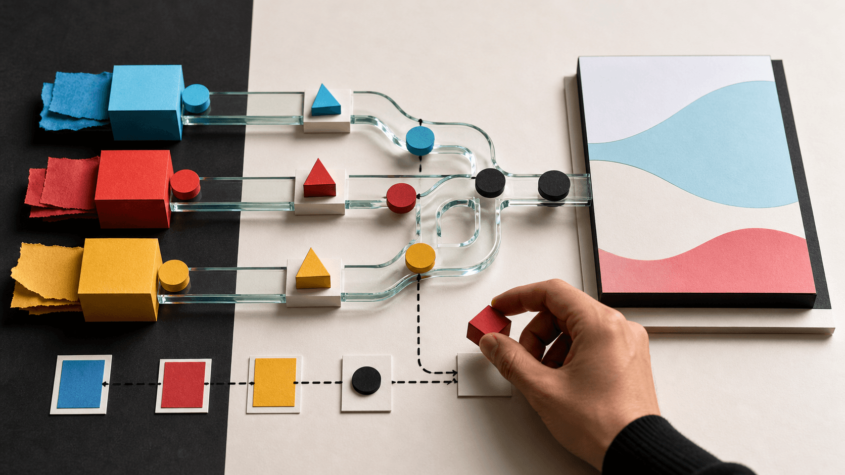 Editorial illustration of data blocks feeding a visual result while a person verifies an ambiguous source item.