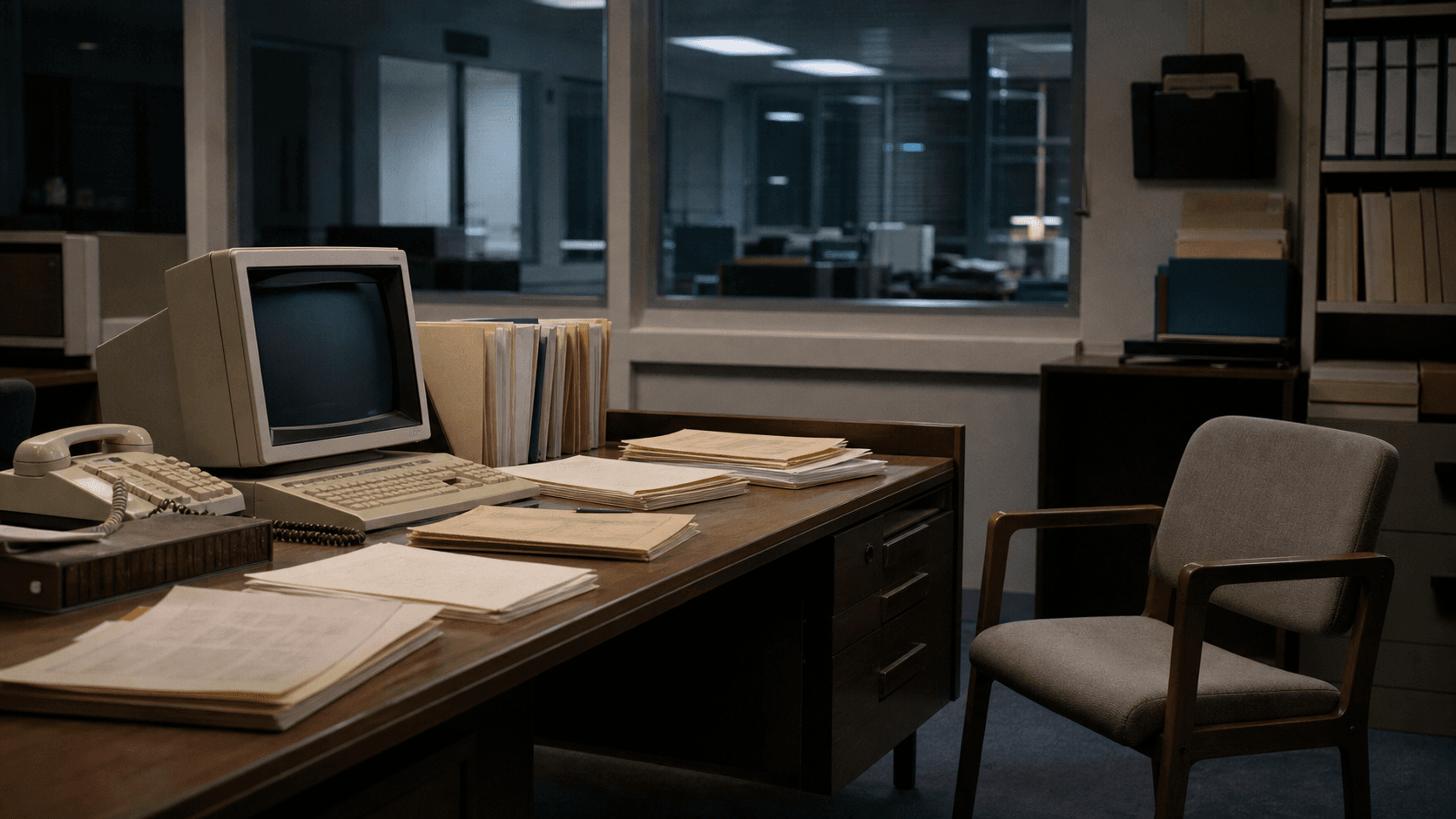 An early-1990s administrative service desk after hours with a dark CRT terminal, corded telephone, staged request folders, ledger papers and an empty review chair.