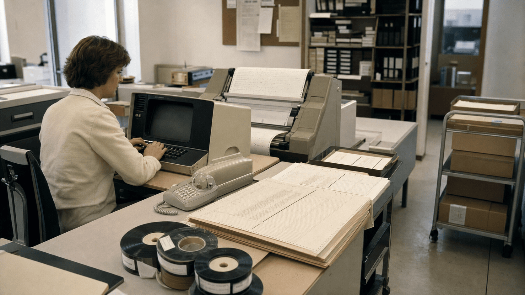 A late-1970s network information centre operator works at a period terminal beside a line printer, magnetic tape reels, telephone and stacks of host-table forms.