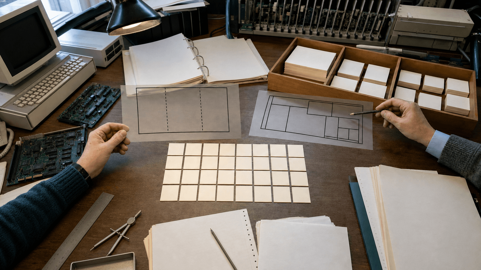 Two early-1990s network planners compare unequal and variable allocation overlays above a finite four-by-eight grid of blank tiles, period circuit boards and request trays.