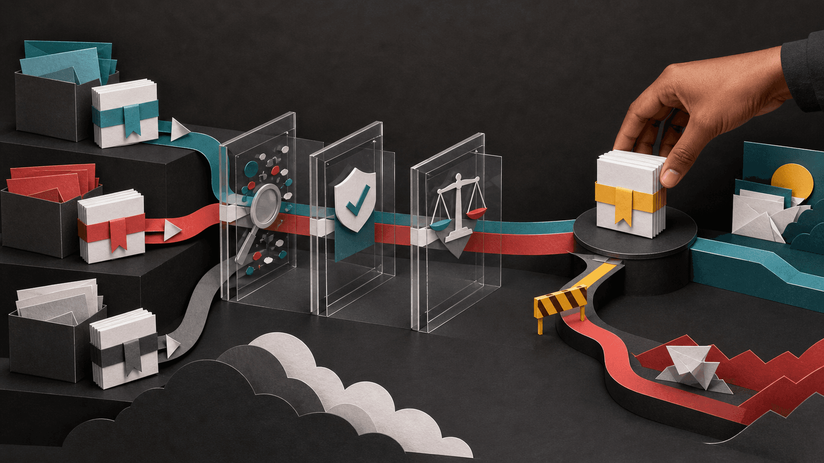 Editorial illustration of software packages moving through inspection gates before a human-controlled release decision.