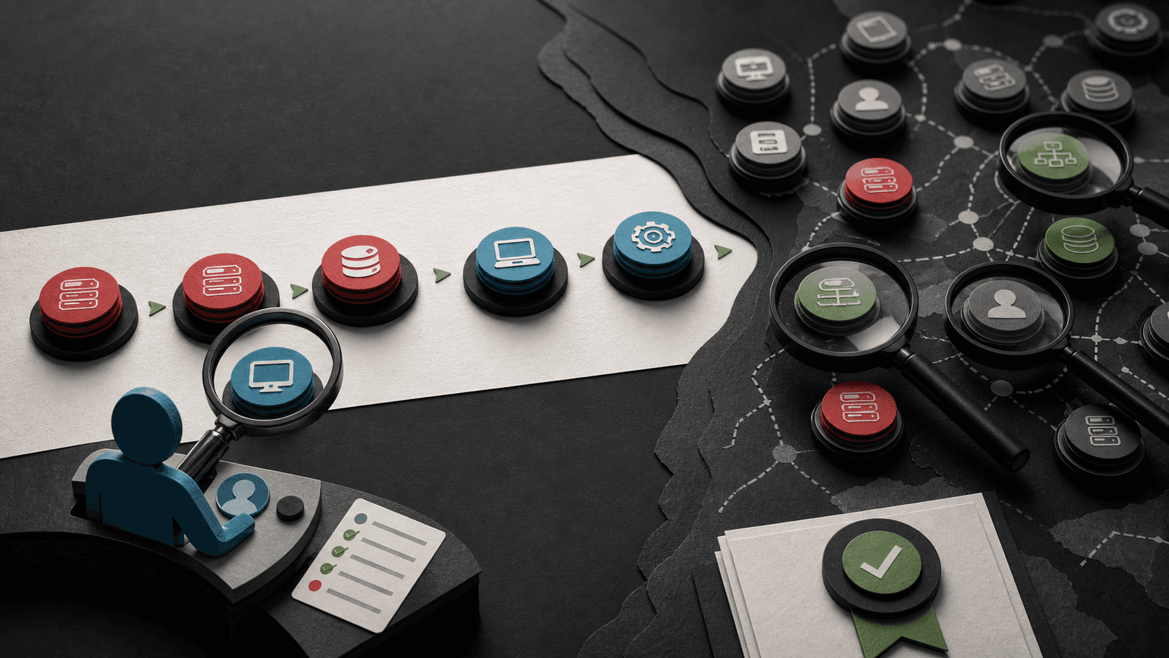 Editorial illustration of a ranked vulnerability queue while an analyst checks assets hidden beyond the scan boundary.