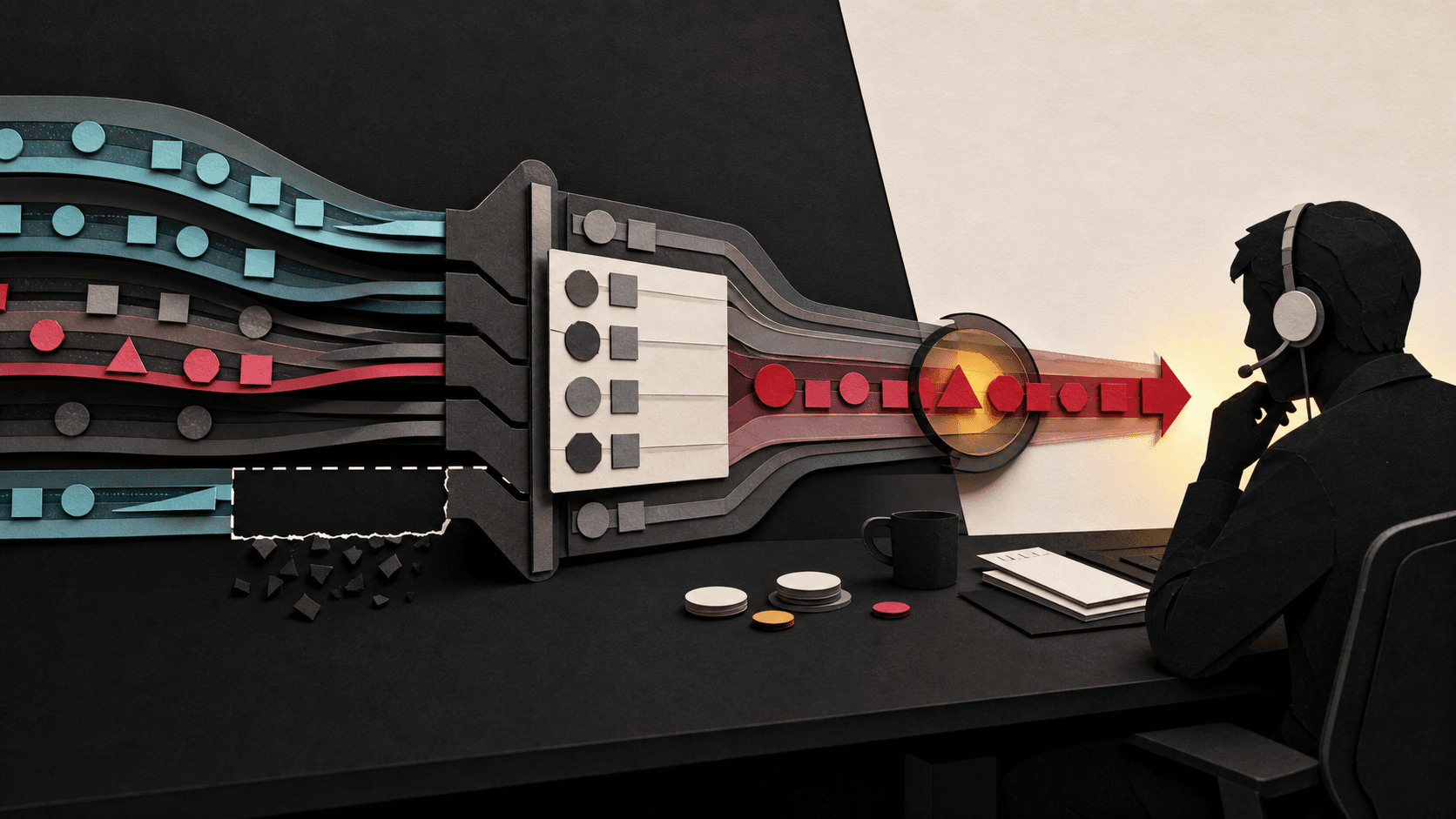 Editorial illustration of telemetry streams becoming one actionable incident while a missing instrumentation channel remains visible.
