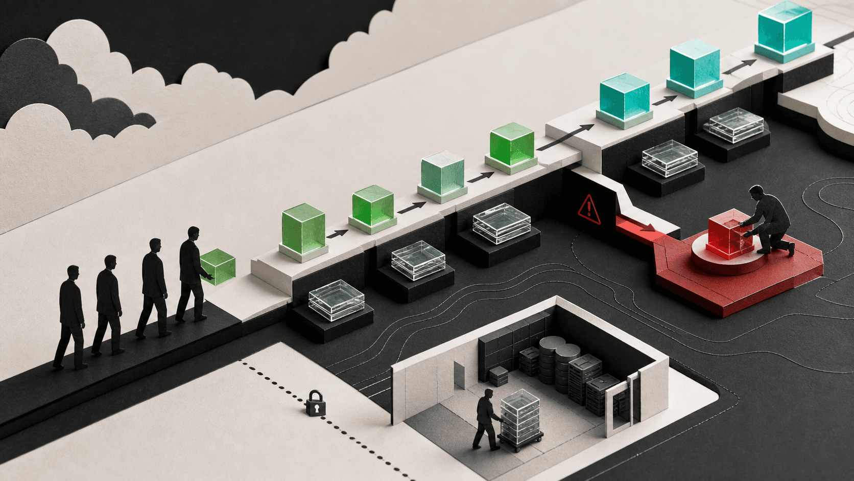 Editorial illustration of a platform team moving infrastructure through a narrow staged upgrade path with a separate restore branch.