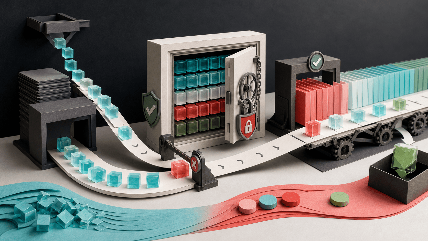 Editorial illustration of backup objects entering protected storage and returning through a tested restore path with retention controls.