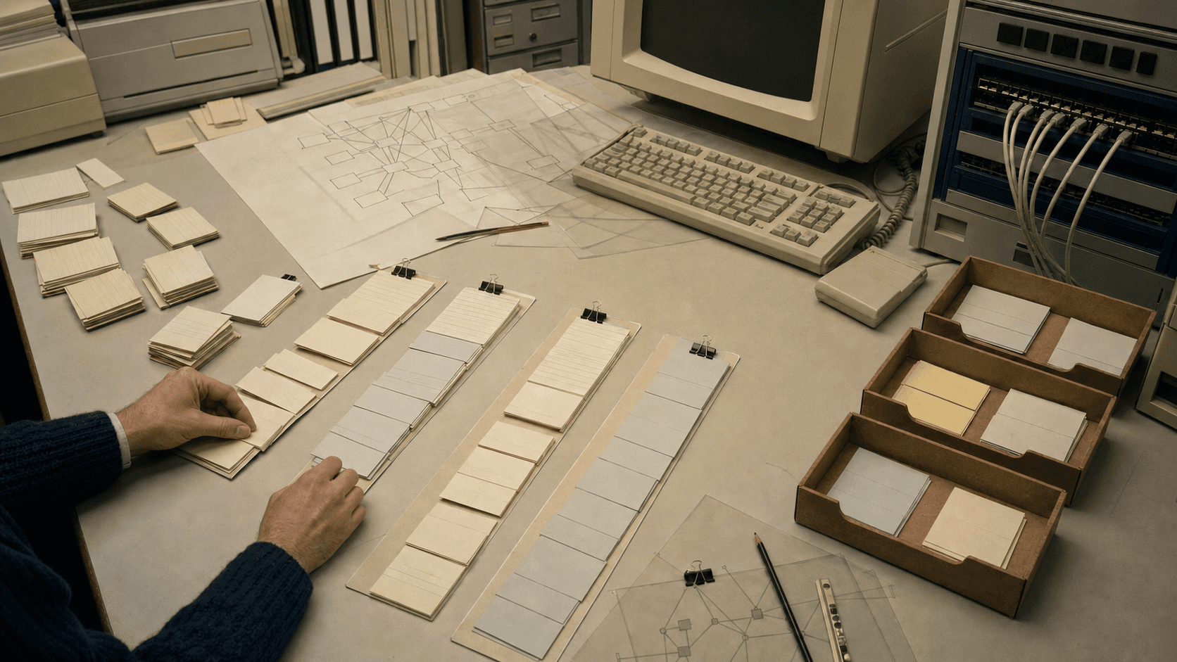 A 1993 network planner consolidates many separate blank route cards into four long clipped bundles beside period routing hardware and three administrative decision trays.