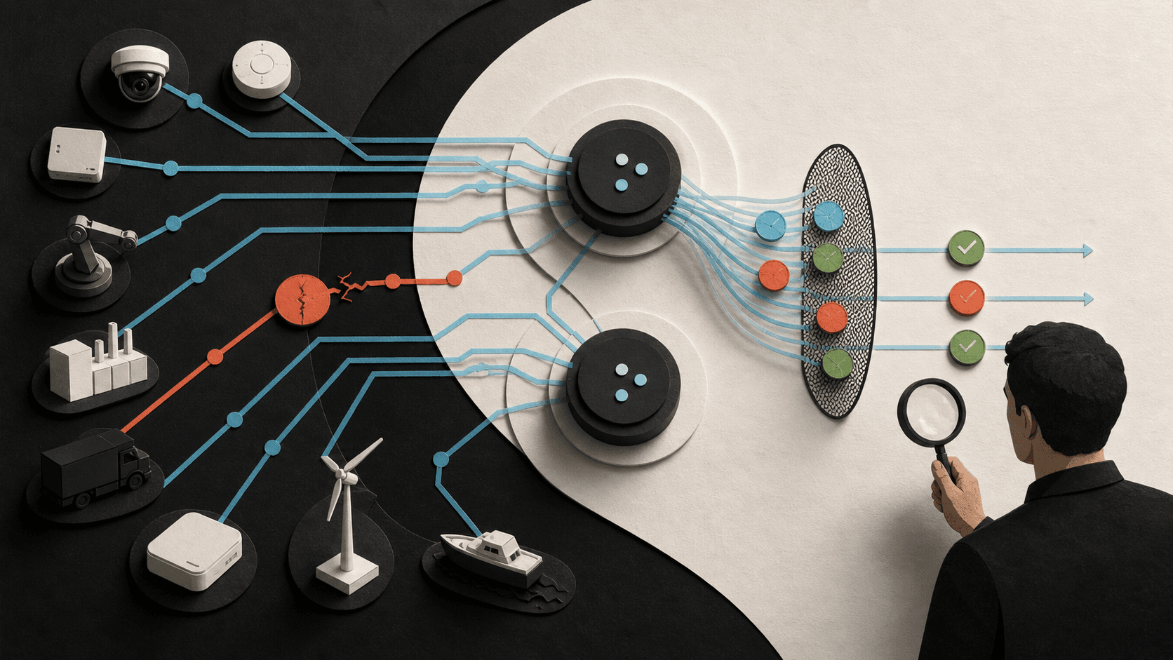 Editorial illustration of infrastructure signals passing through shared collectors while an operator investigates a silent coverage gap.