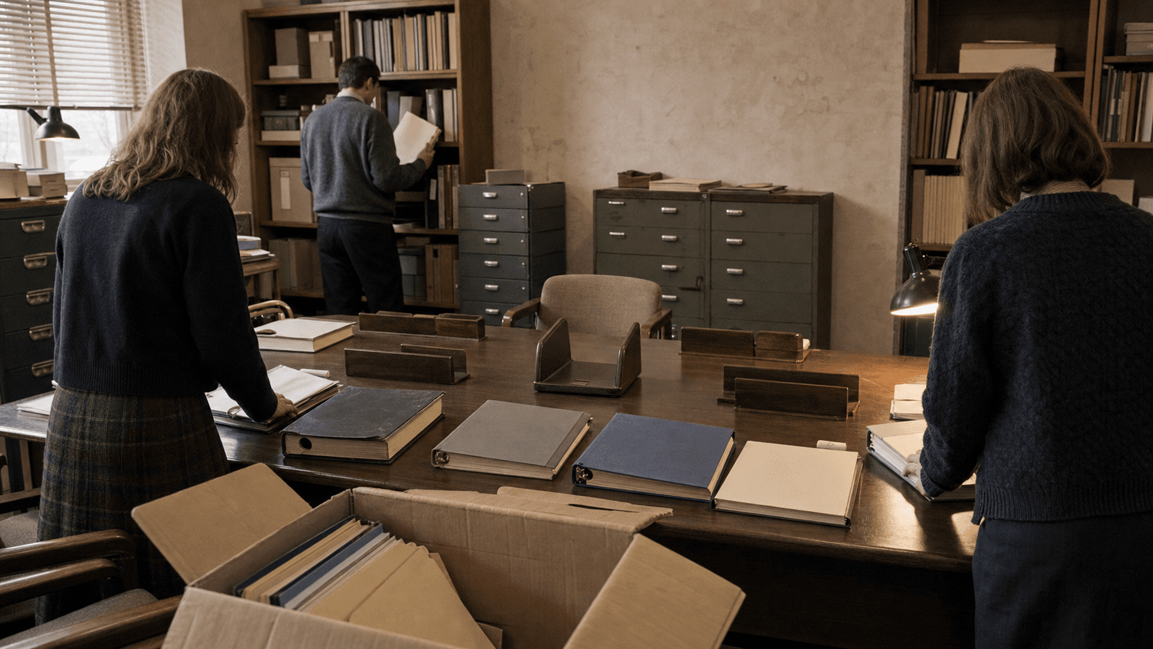 Three late-1990s staff prepare separate blank charters and handover files around an empty central meeting seat in a modest institutional archive.