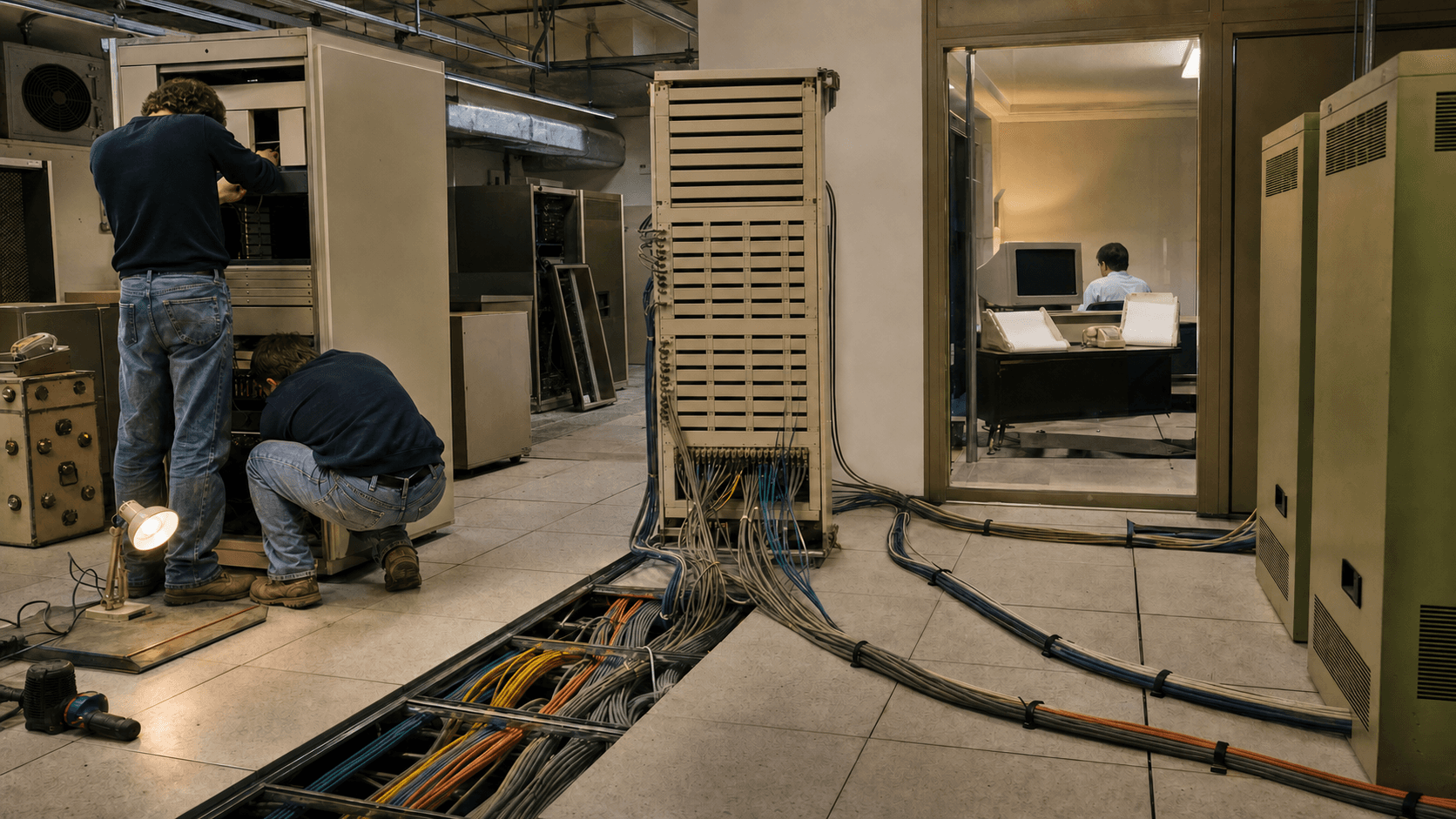 Two early-1990s technicians install backbone equipment beside an open raised floor while separate cable conduits fan from a central patch frame toward a registration room and other operators.