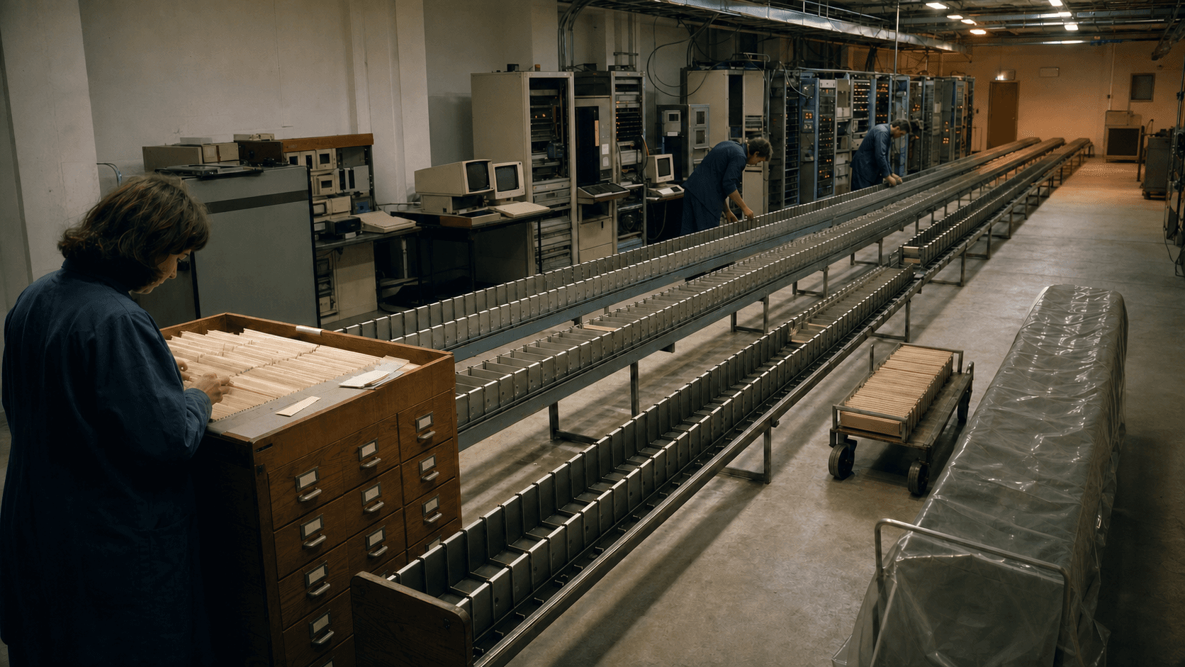 Four long steel allocation lanes diverge through a late-1980s network room as archivists preserve one, narrow another, return a third and cover the fourth.