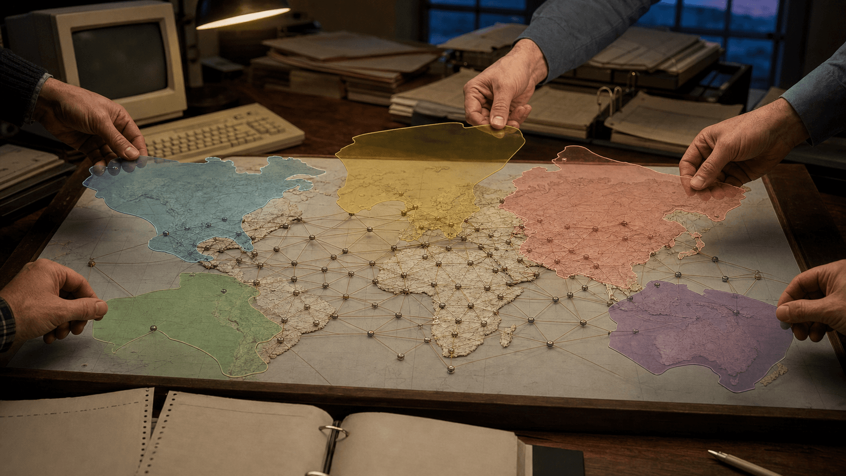 Five anonymous administrators lower translucent regional templates onto a world map already crossed by one continuous network of copper links in an early-1990s office.