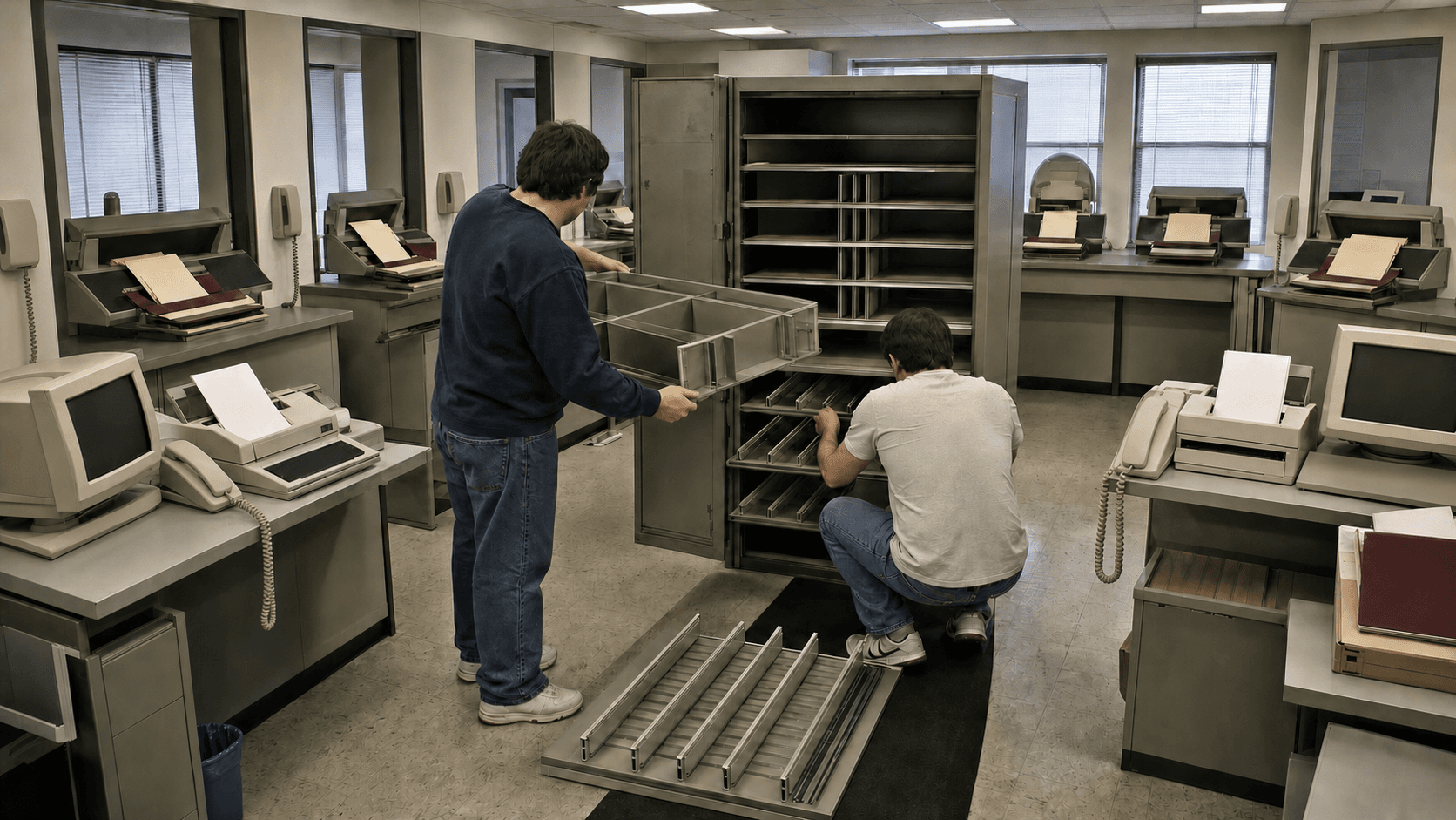 Two early-1990s registry technicians replace a rigid compartment insert with adjustable rails while the surrounding service stations remain operational.
