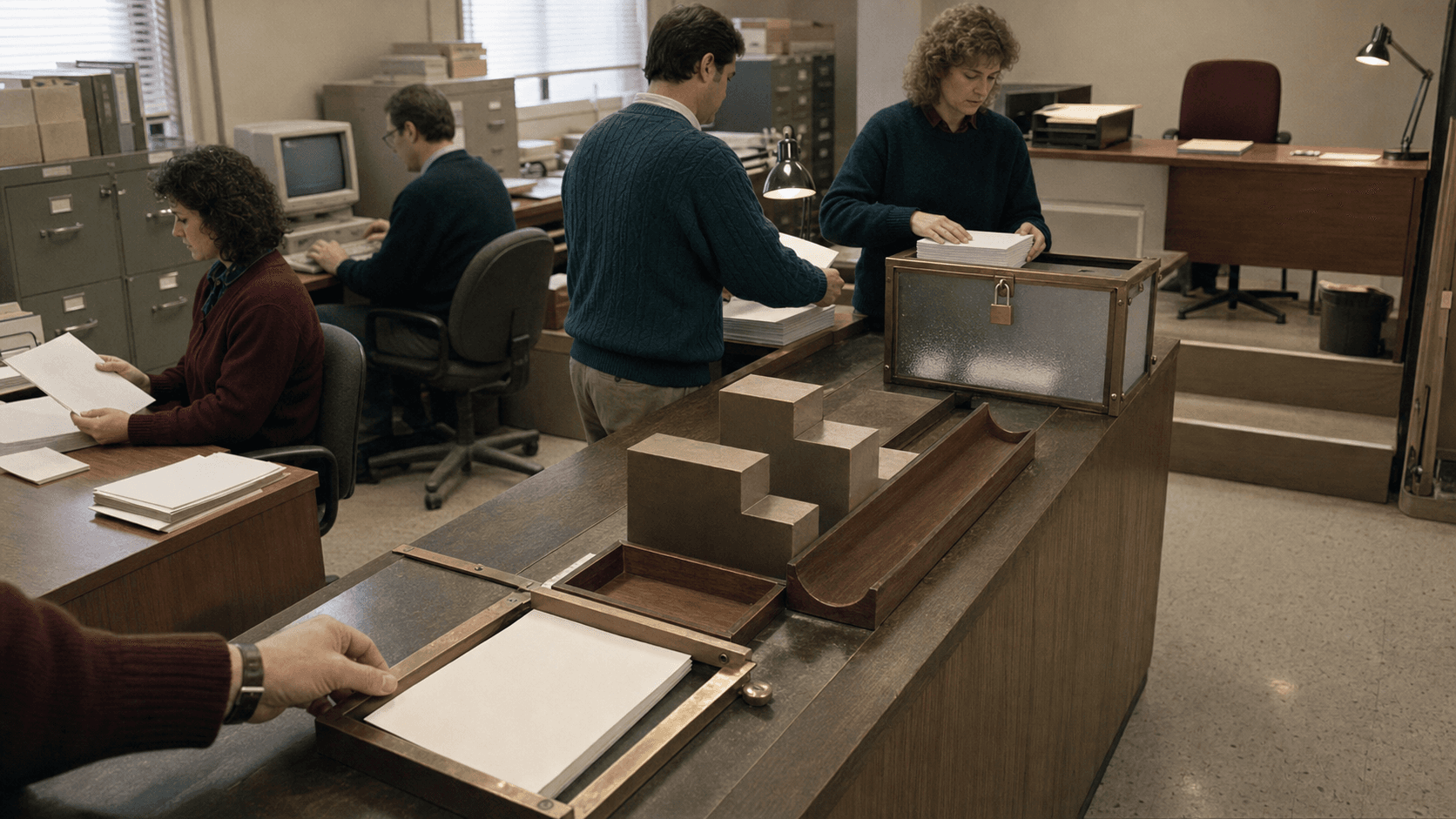 Anonymous early-1990s registry staff move blank request packets through a brass-framed intake guide, unequal allocation blocks and a locked confidential-plan box, with an empty review desk beyond.