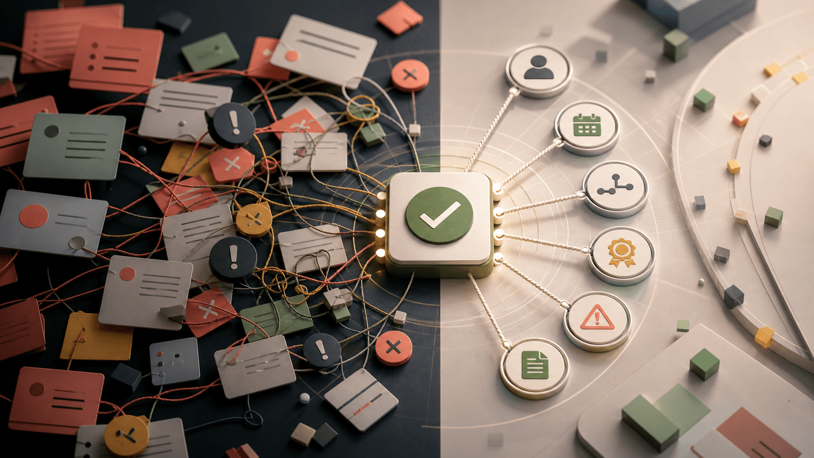 Editorial illustration of project updates, dependencies and exceptions converging into one correctly closed task.