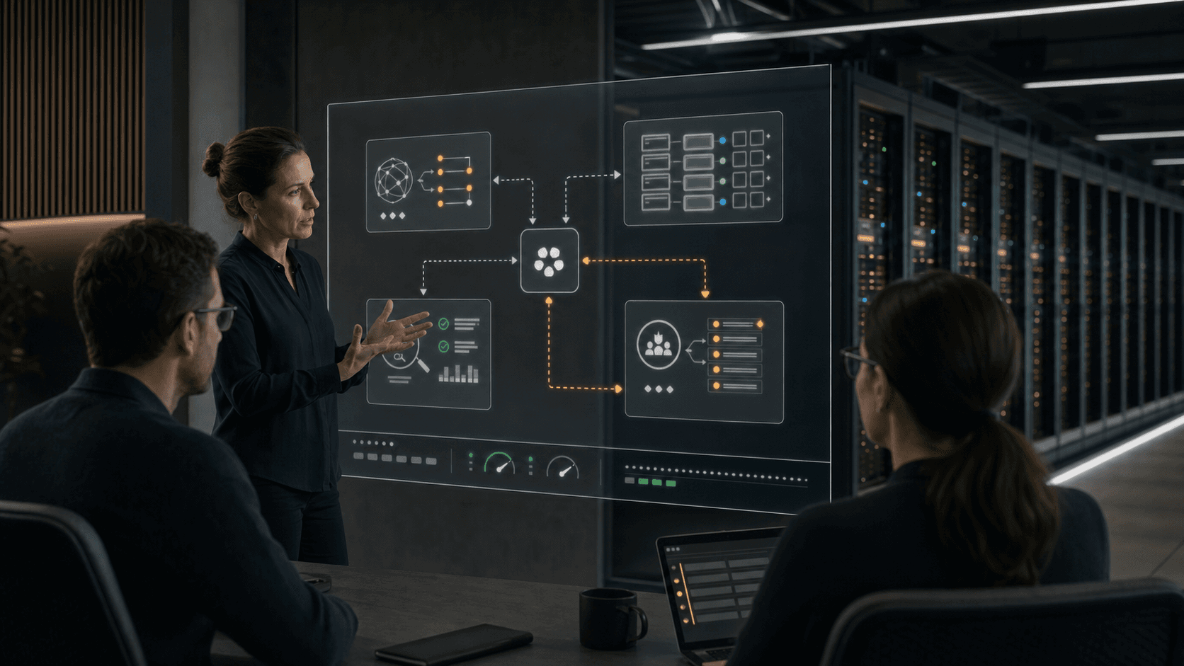 Engineers review an abstract model operations map linking Mistral APIs, private compute, evaluation checks and human review boundaries.