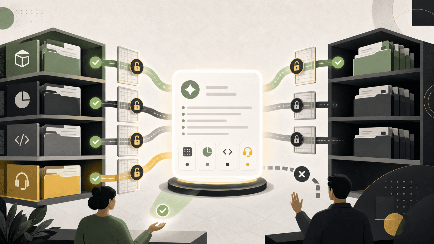 Editorial illustration of company knowledge flowing through permission gates into a sourced answer card.