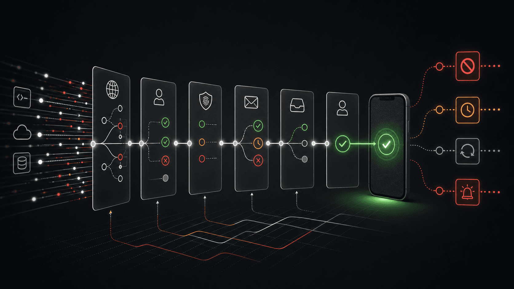 Editorial illustration of programmable communication signals passing through compliance, carrier, fraud and delivery checks before one message is accepted.