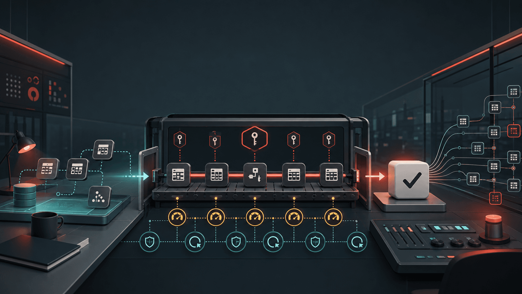 Editorial illustration of a governed data job carrying lineage, permissions, cost and recovery signals into an accepted output.