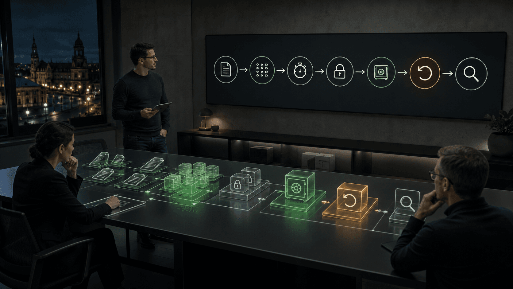 Engineers review an abstract production data change across schema, index, backup, access-control, and search-validation stages.