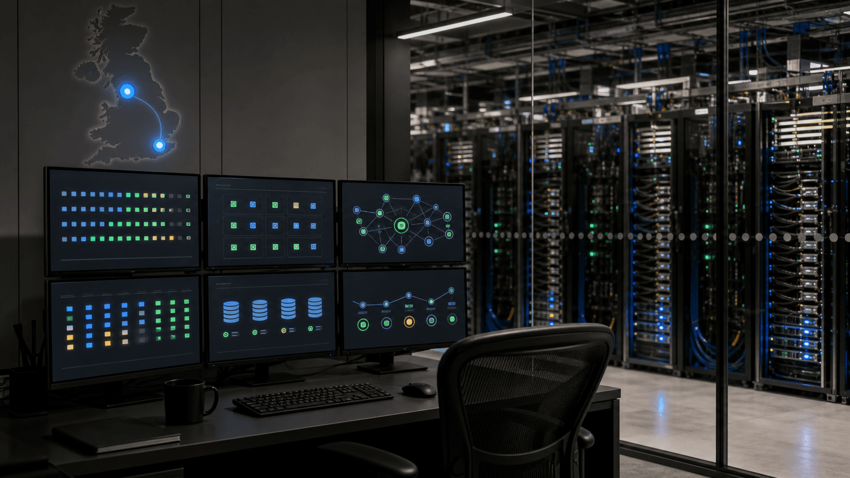 Editorial image of a UK GPU cloud operations room monitoring a training job with server racks, storage, network indicators and an unlabeled UK node map.