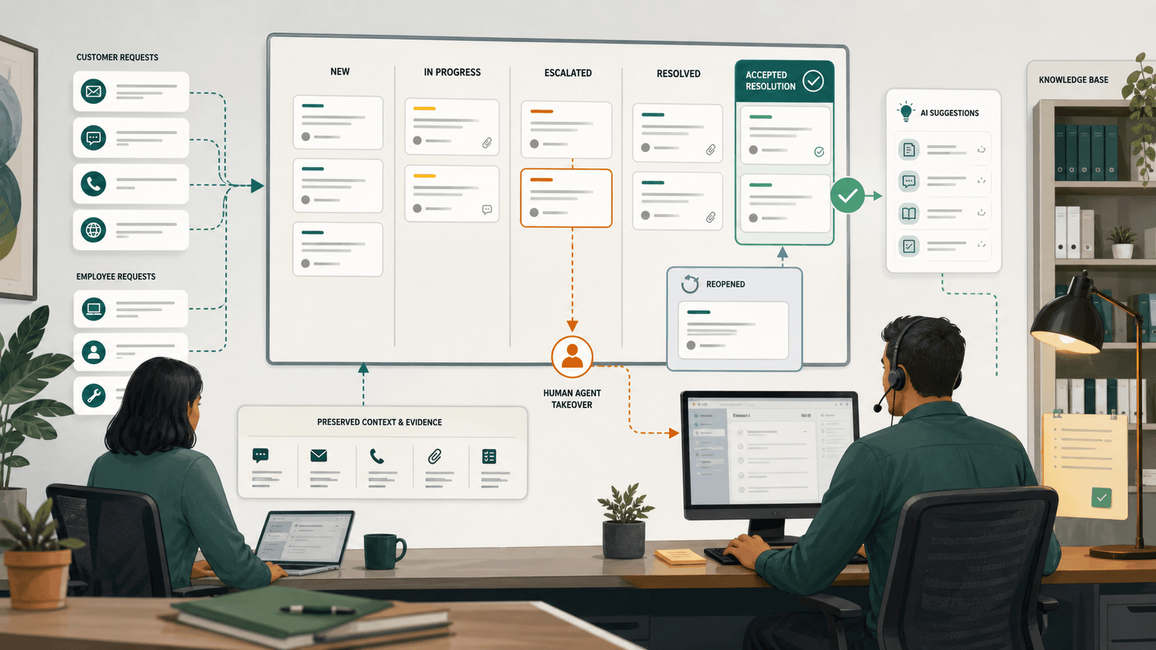 Editorial illustration of support and IT service tickets moving through AI suggestions, knowledge checks, human escalation and reopened-case correction toward accepted resolution.