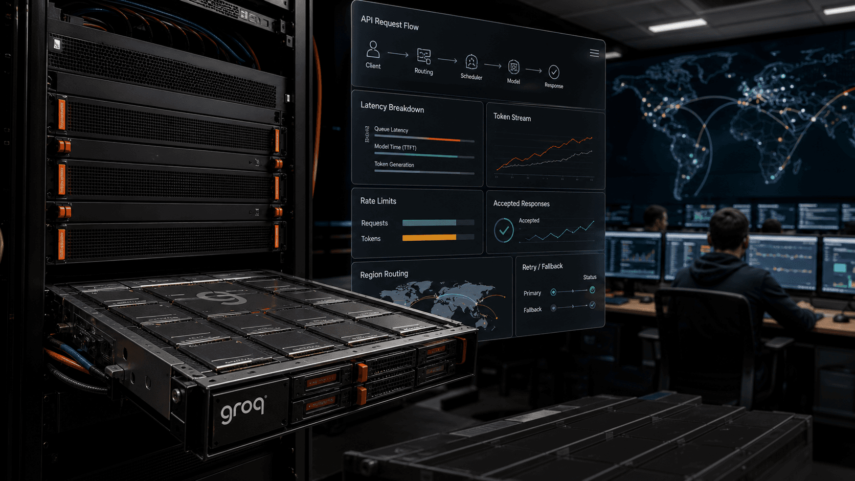 Groq-focused inference operations scene showing LPU server hardware, API request streams and dashboard indicators for latency, queueing, routing, fallback and accepted responses.
