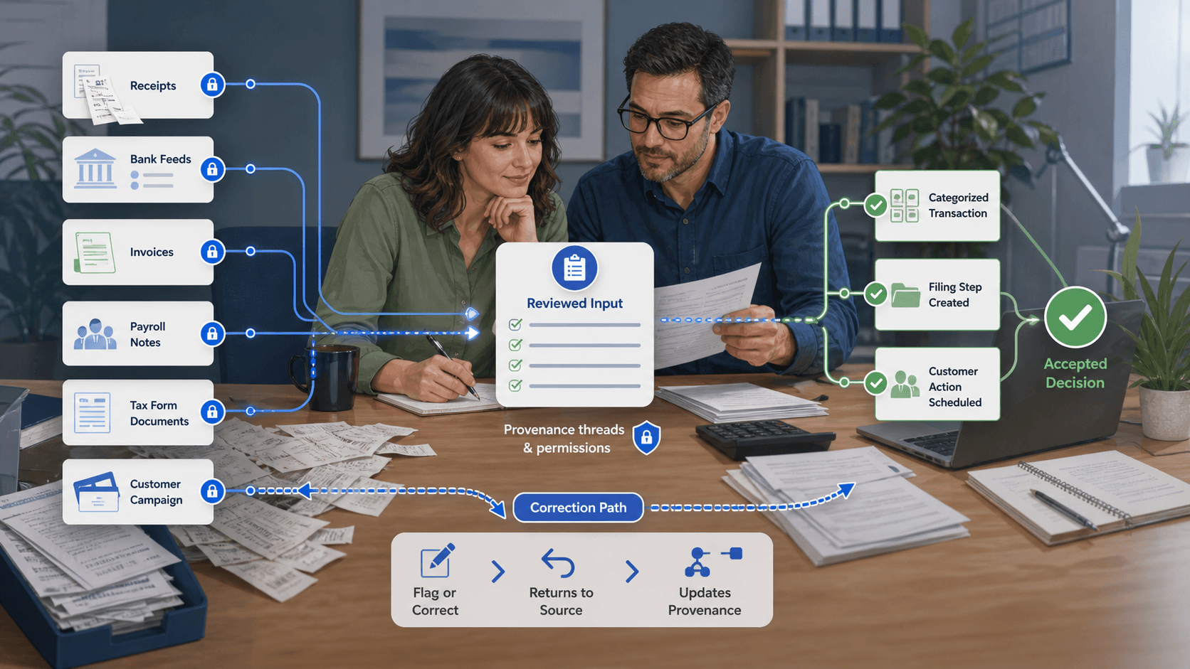 Editorial illustration of receipts, invoices and tax documents flowing through permission and review checks into an accepted financial decision.