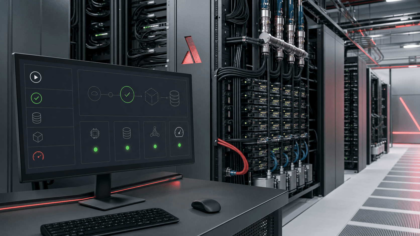 Data-center GPU racks and an operations console showing a completed Lambda AI cloud run with checkpoint, storage and cost-control indicators.