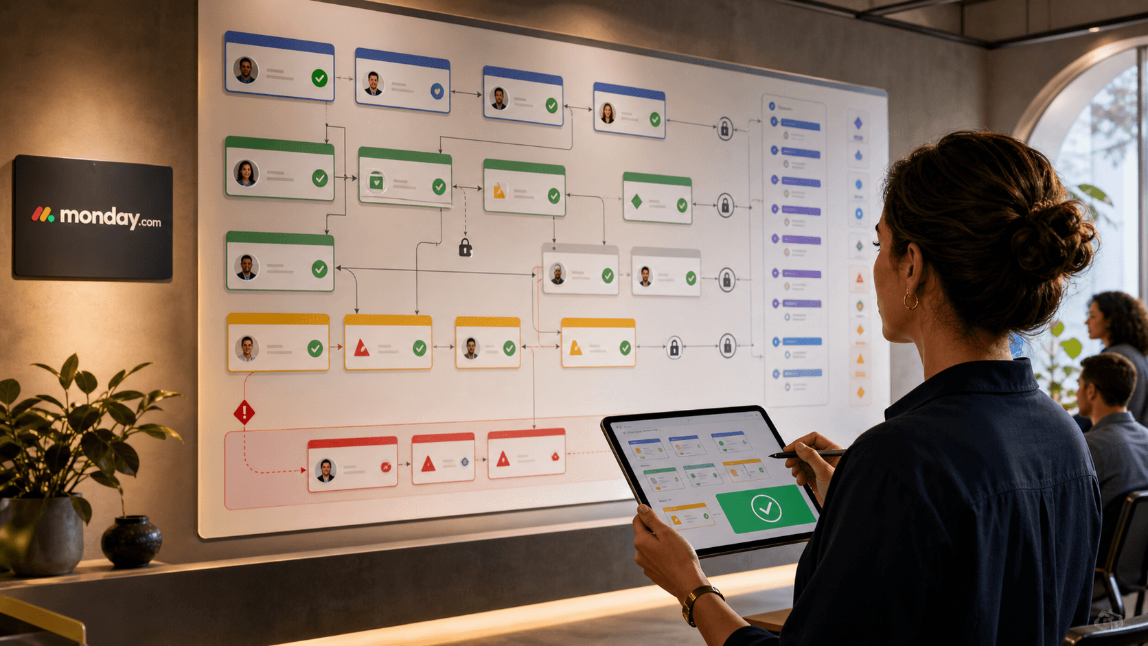 An operations lead reviews a monday.com-inspired workflow board with status cards, dependencies, audit marks and an exception lane before accepting the final work state.