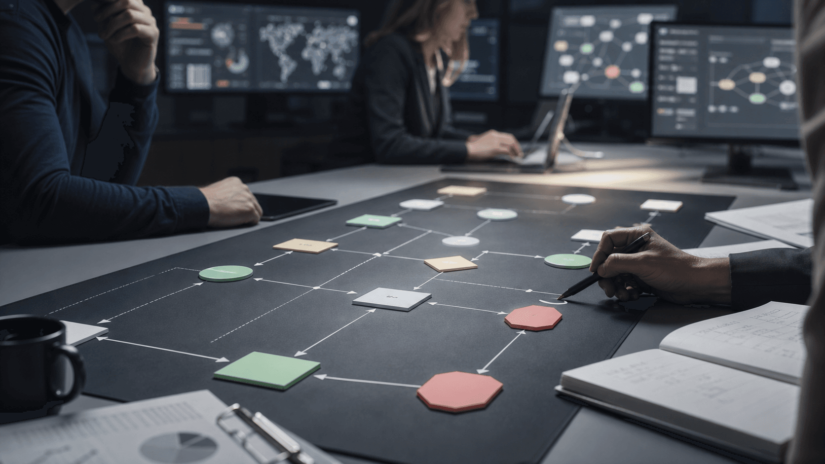 Editorial image of risk decisioning across onboarding, fraud and compliance workflows, with explainable policy cues and no readable customer data.