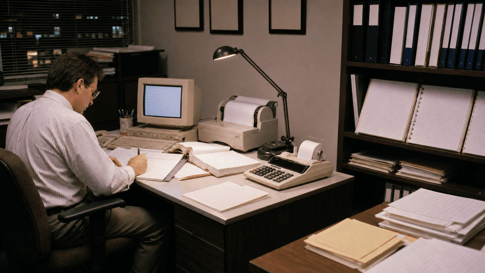 A realistic editorial scene of early Internet registry paperwork, network diagrams and accounting ledgers on a 1990s coordination desk.