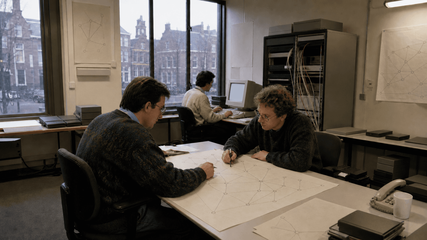 A realistic editorial scene of an Amsterdam research-network office with maps, server equipment and association documents.