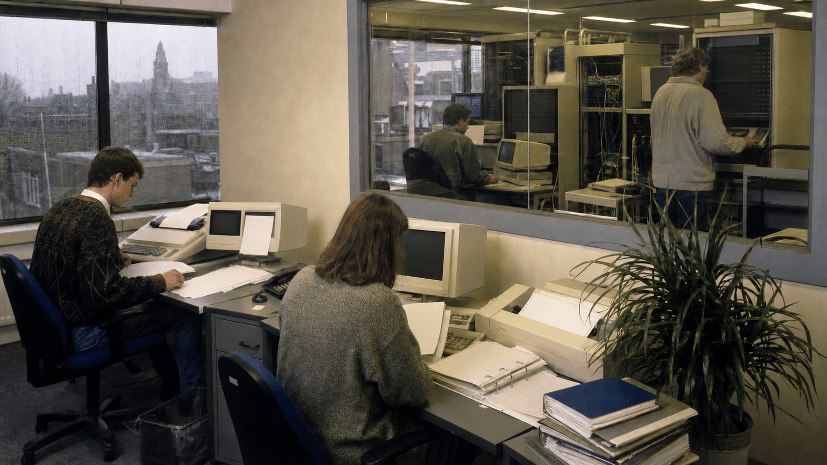 A realistic editorial scene showing a European registry service desk with network maps, mandate papers and administrative review files.