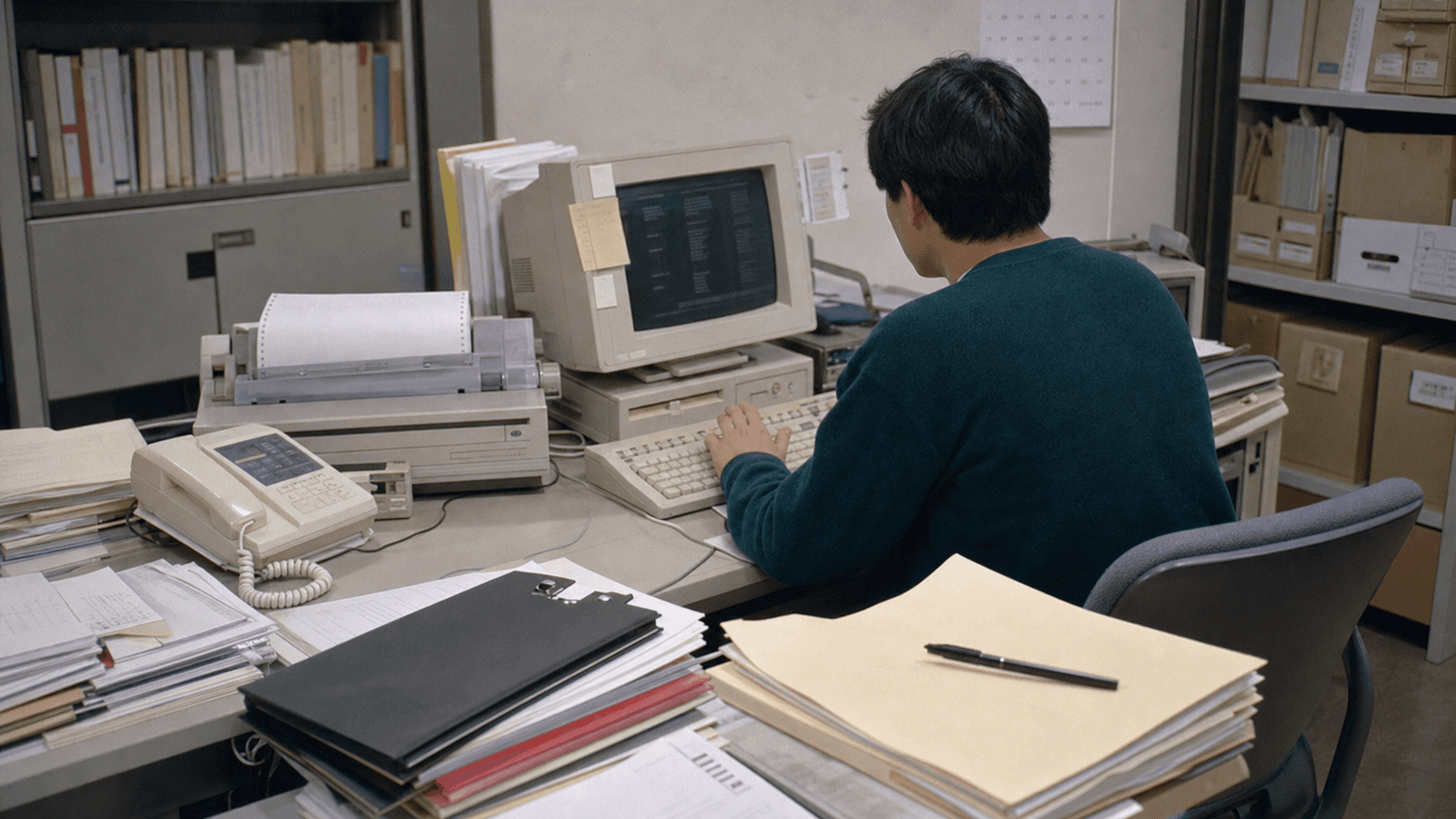 A realistic early-1990s Tokyo registry pilot office with a beige terminal, paper request folders, binders and unsigned legal files on a crowded desk.
