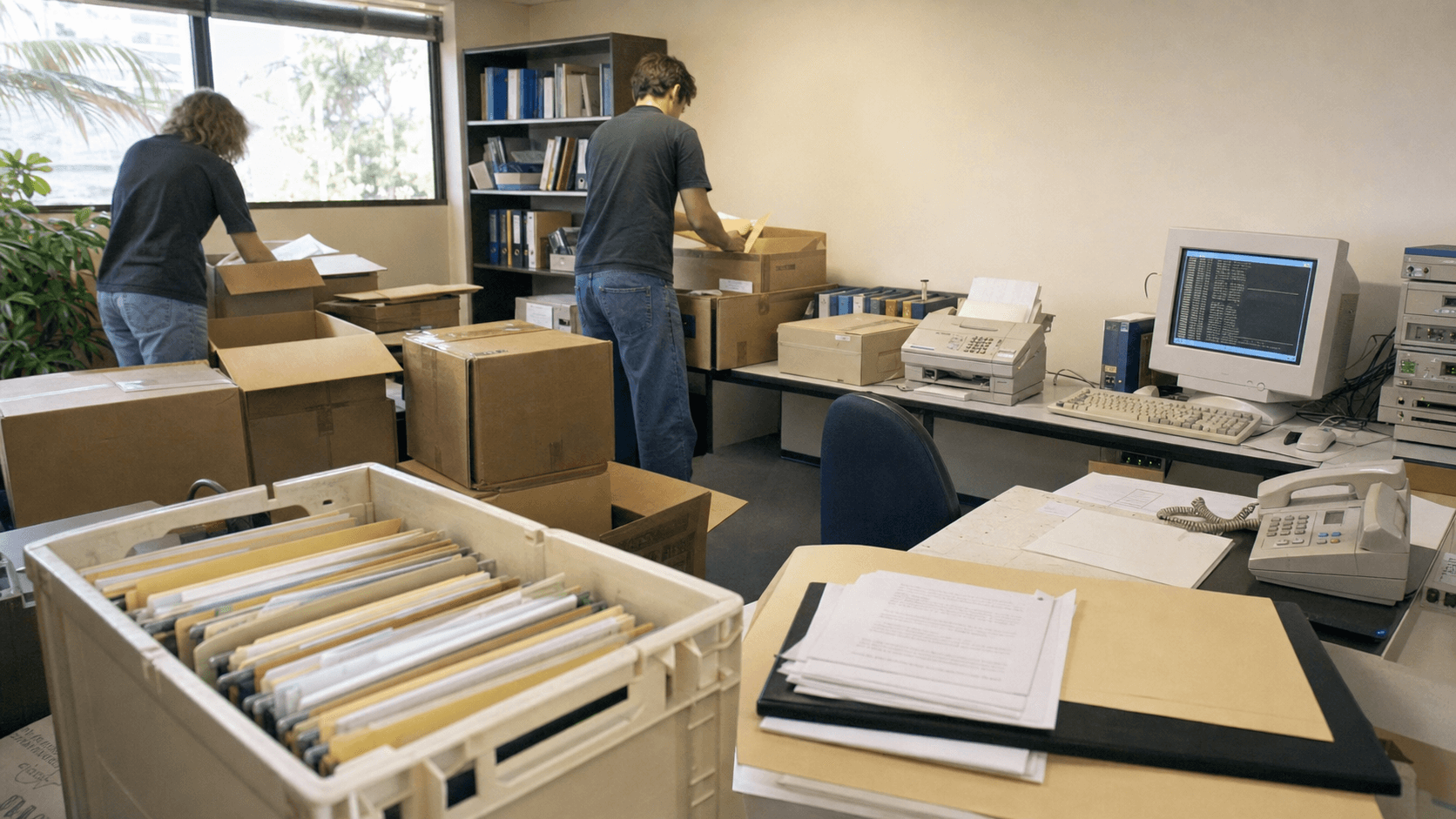 A realistic late-1990s Brisbane registry office move with file crates, beige computers, a running console and legal paperwork on a desk.