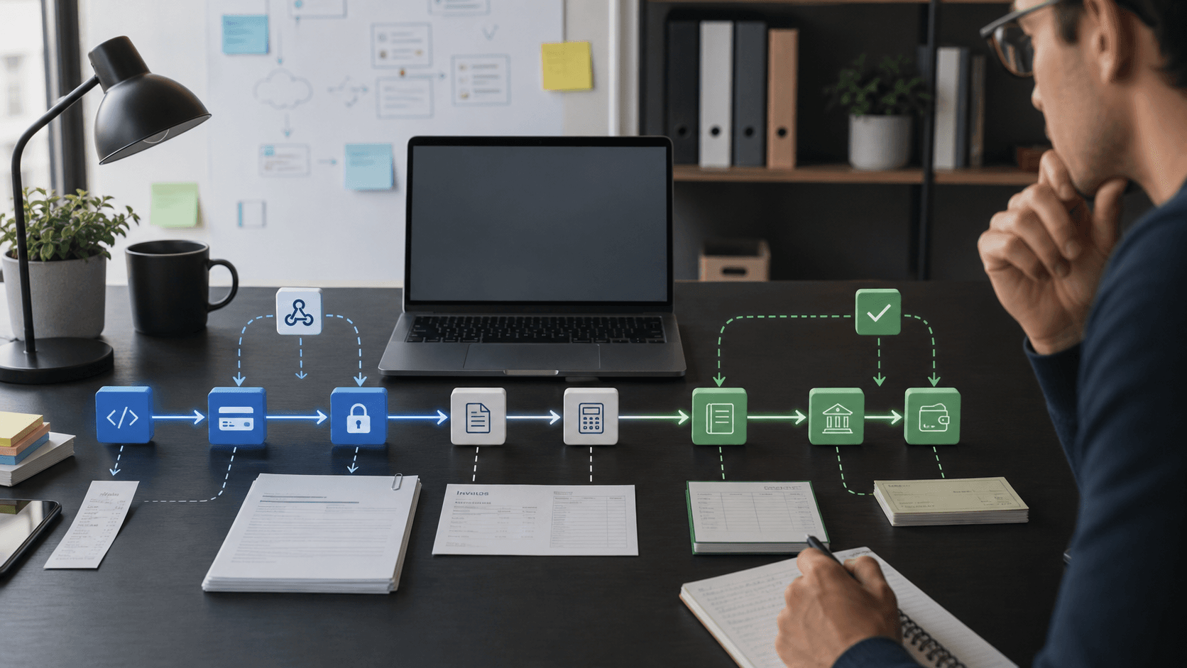 Editorial image of payment API state and ledger reliability, showing developer workflow, webhooks and reconciliation cues without brand marks or readable dashboards.