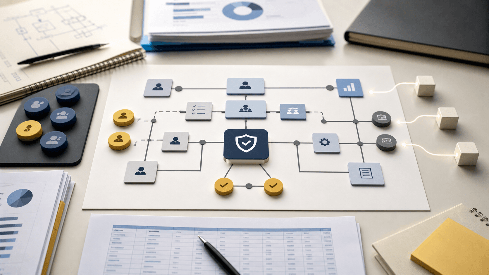 Editorial image of enterprise HR and finance workflow acceptance, showing approvals, integrations and audit trail controls without real employee or payroll data.
