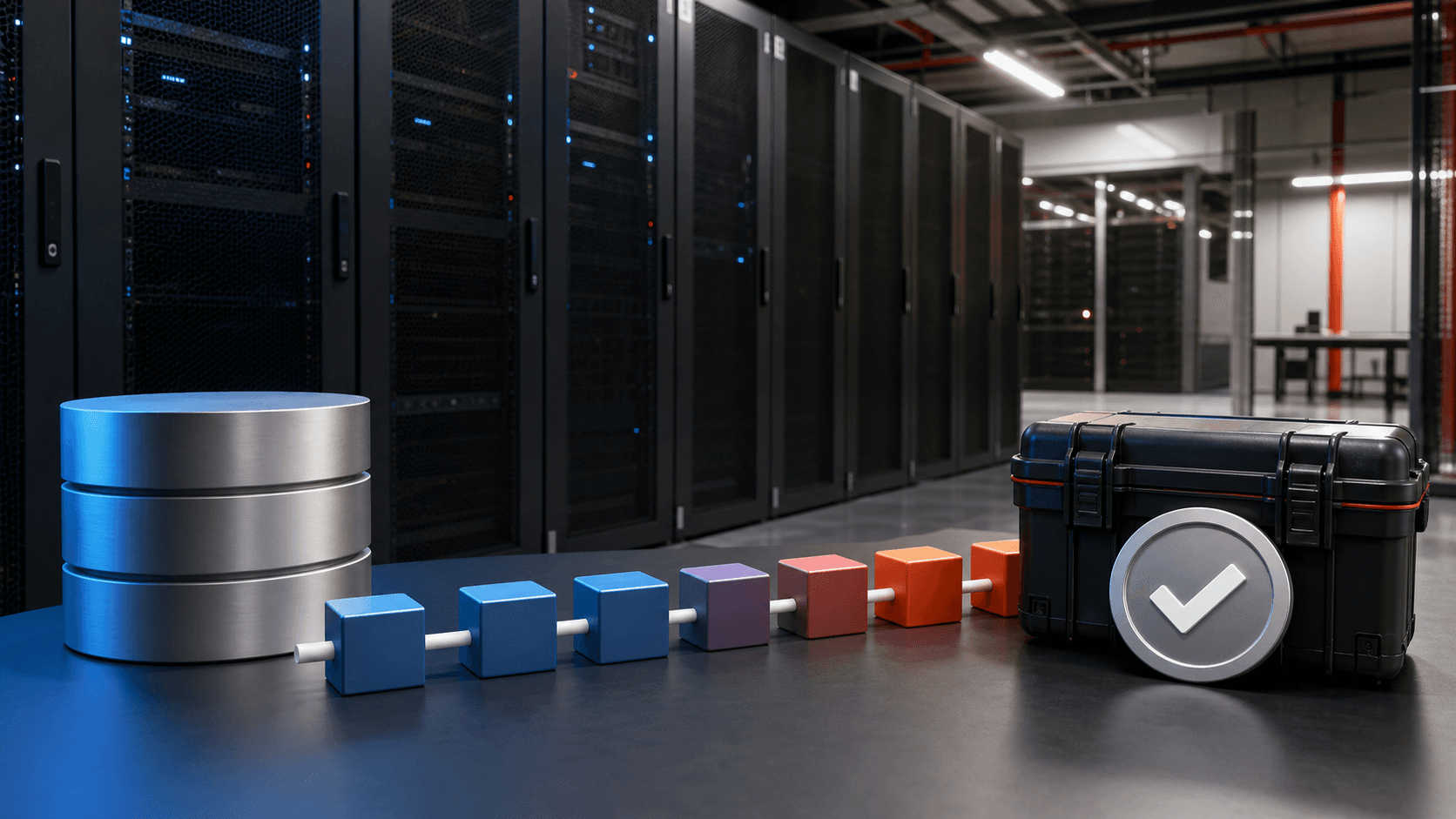 Editorial image of Oracle-style enterprise workload reliability, showing database, cloud, migration and recovery controls without logos or readable dashboards.
