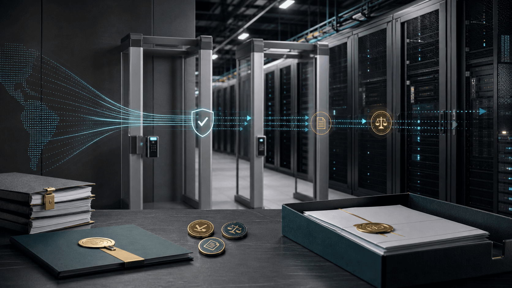Editorial image of sovereign AI workload governance, showing data boundary, compute infrastructure and approval controls without flags, logos or readable dashboards.