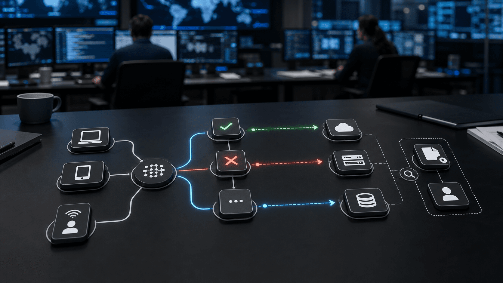 Editorial image of SASE access policy decisioning, showing user, device, application and data-flow checks without readable screens or company logos.