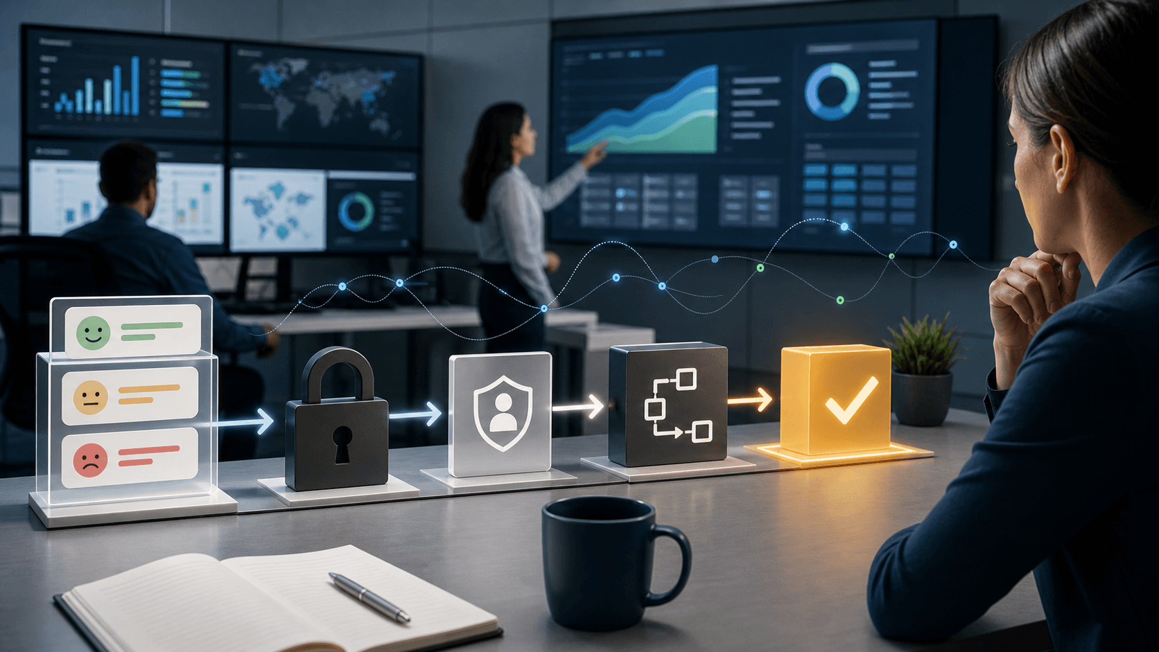 Editorial image of experience-management signal governance, showing feedback, privacy and action-workflow checks without readable screens or logos.