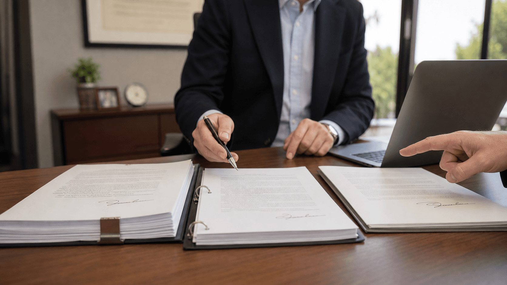 A network operator's counsel compares incorporation papers, bylaws and a signed service agreement in a Northern Virginia nonprofit office.