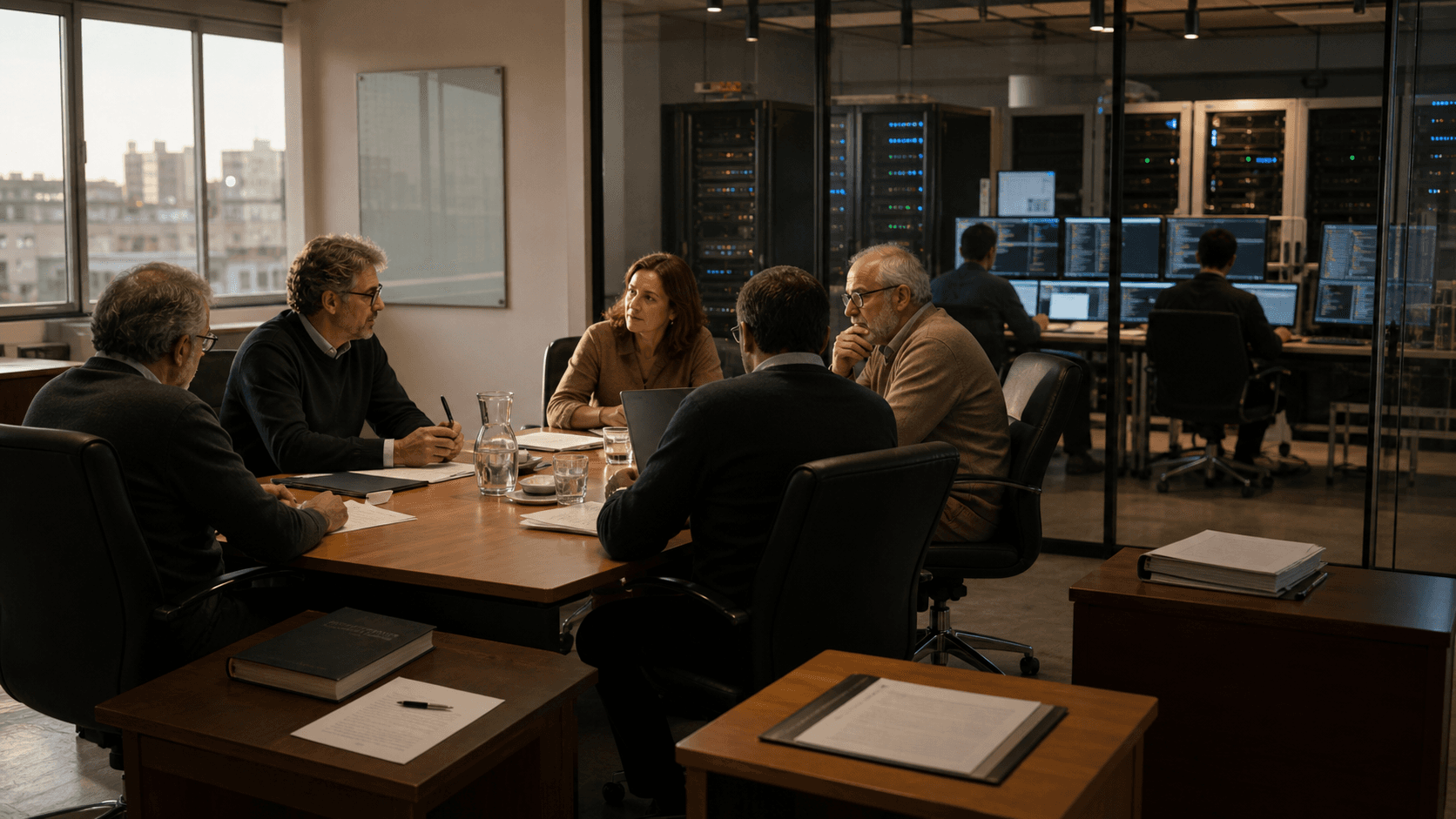 Members meet in a Montevideo association room behind glass from registry staff working in a compact network operations centre.