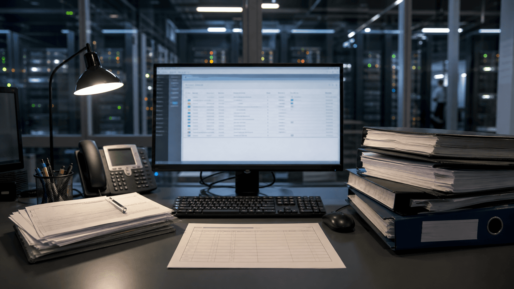 A registry operations desk where one number-resource record passes through separate institutional, holder, sponsor and customer document trays beside network equipment.