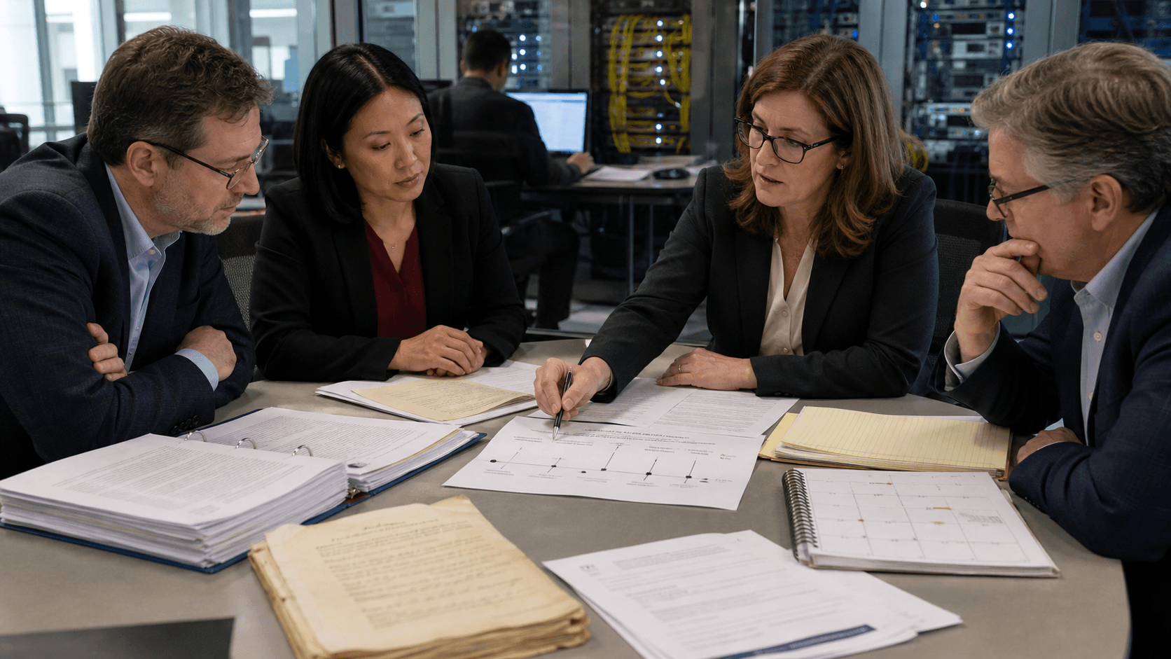 A network operator and legal counsel compare a signed registry membership agreement with a later policy manual and renewal notice at an office table.