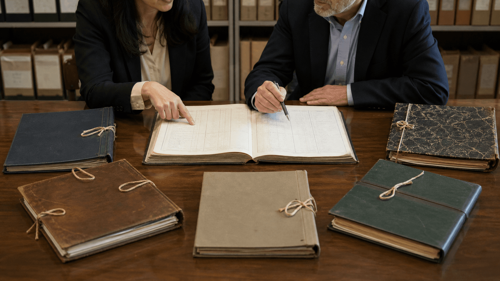 Two legal researchers compare five differently bound incorporation files around a neutral registry ledger in a quiet archive reading room.