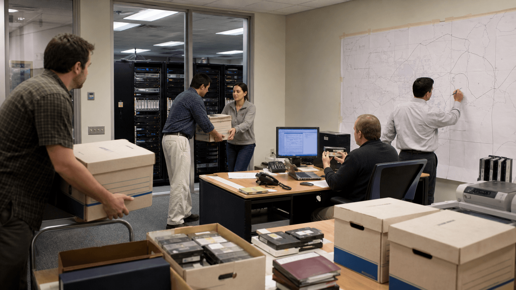Registry staff in an early-2000s office transfer archival record boxes and data tapes between two workstations beside an understated service-area map.