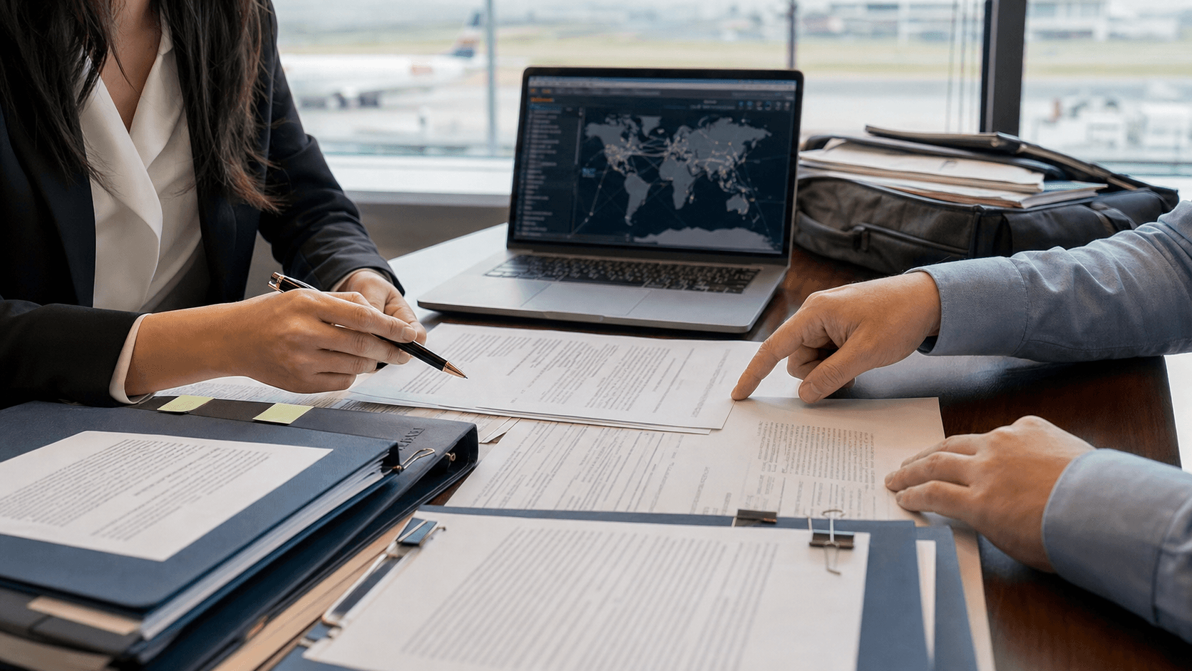 Counsel and a network engineer compare a registry agreement, foreign incorporation papers and telecom licences at a multinational operator’s office.