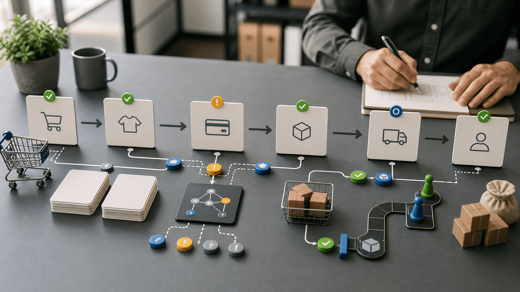 Editorial image of Shopify commerce-state reliability, showing checkout, inventory, payment and fulfillment checkpoints without readable UI or logos.